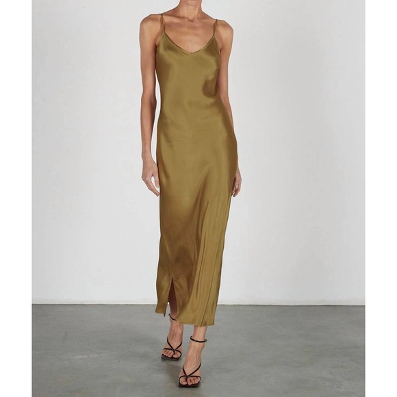 Enza Costa Dresses & Skirts - ENZA COSTA Dress Womens Medium Fatigue Satin Bias Slip Maxi Spaghetti Strap NWOT
